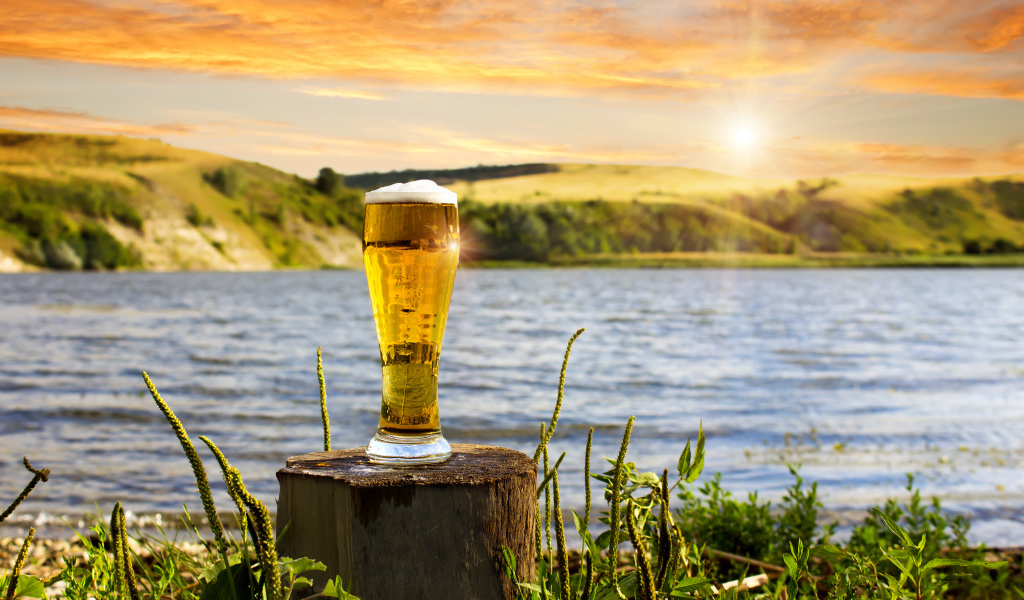 Бокал пива стоит на пне у воды 