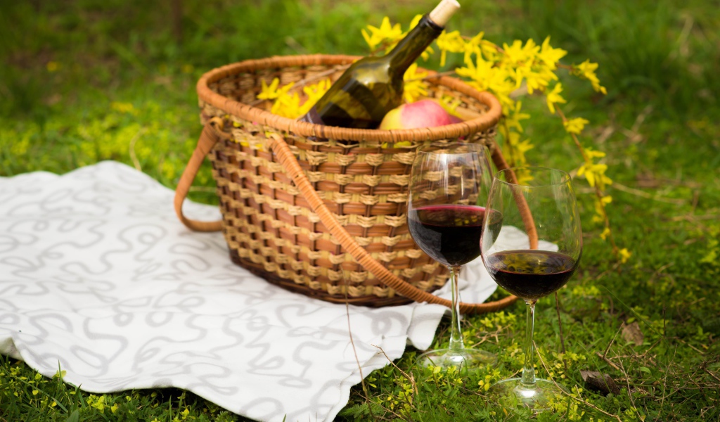 Два бокала вина с корзиной на зеленой траве для пикника 