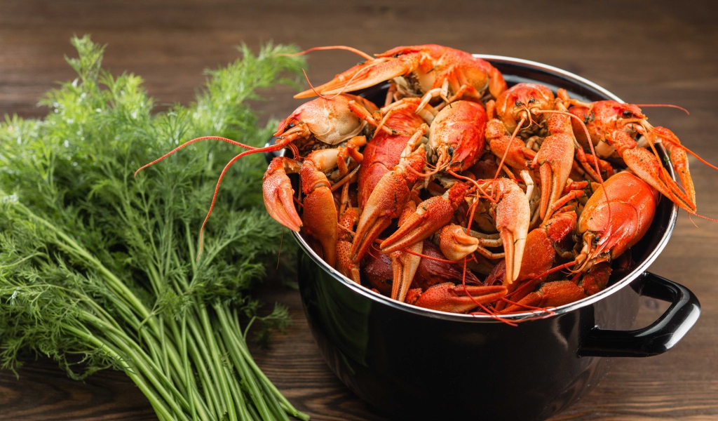 Вареные раки в кастрюле на столе с укропом