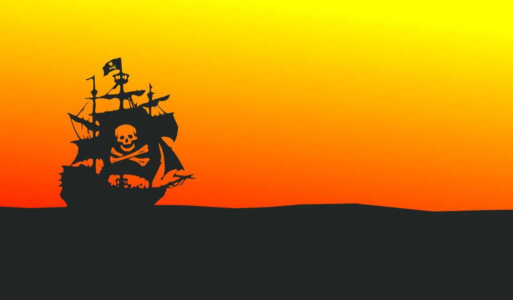 Черный пиратский корабль на оранжевом фоне 
