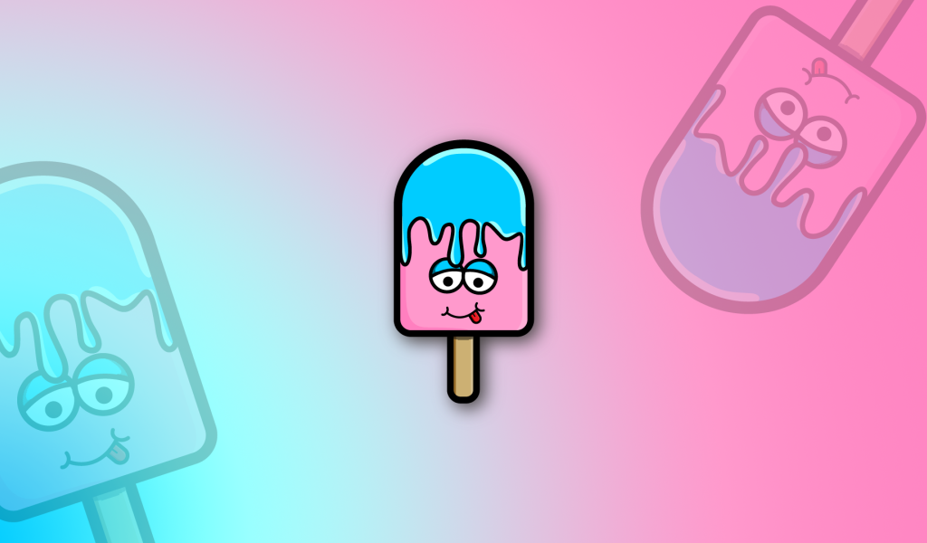 Мороженое на палочке с высунутым языком на розовом фоне