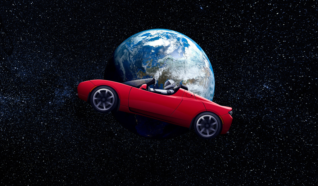 Red car Tesla Roadster flies in space above the earth