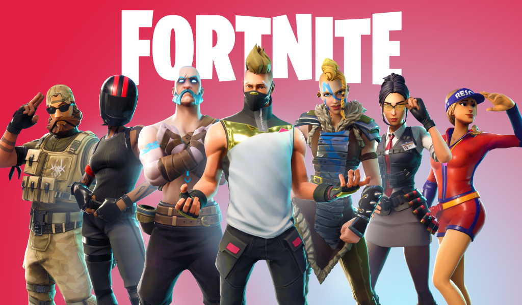 Персонажи компьютерной игры Fortnite на розовом фоне