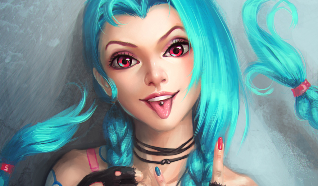 Девушка с голубыми волосами Джинкс персонаж игры Лига легенд