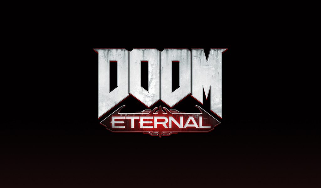 Логотип новой компьютерной игры DOOM Eternal на черном фоне