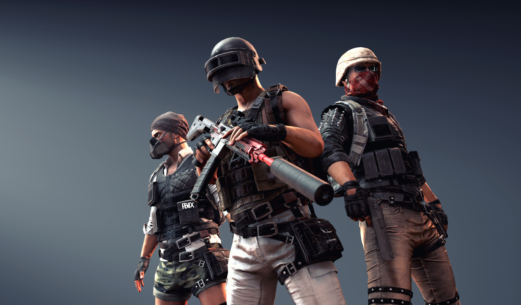 Персонажи компьютерной игры  PUBG на сером фоне