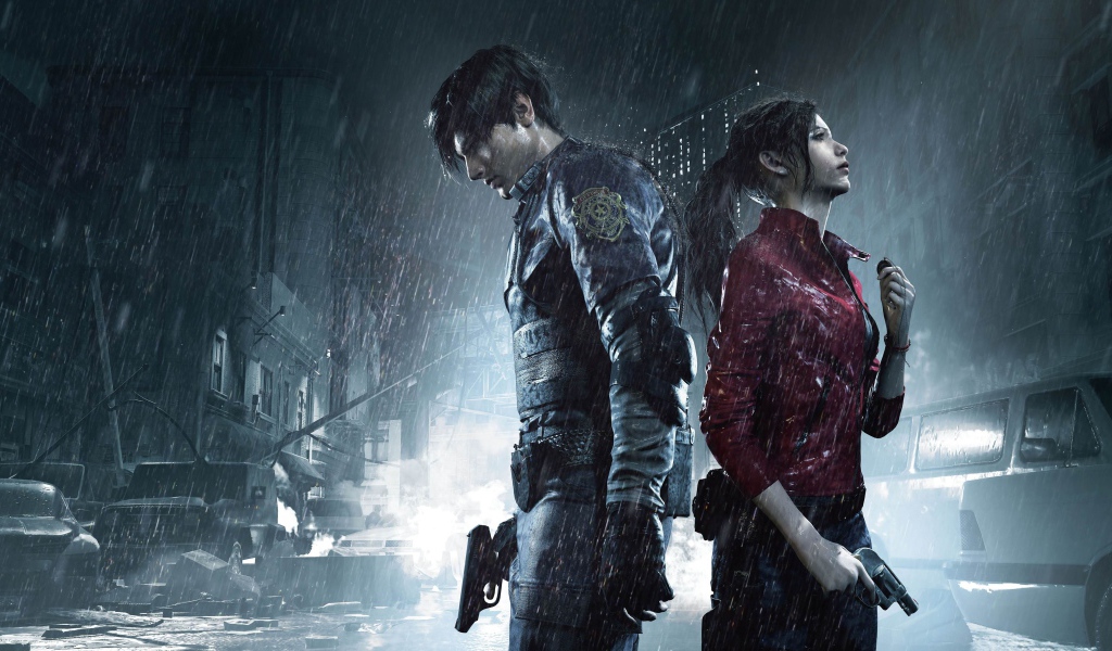 Персонажи компьютерной игры Resident Evil 2, 2019 года под дождем