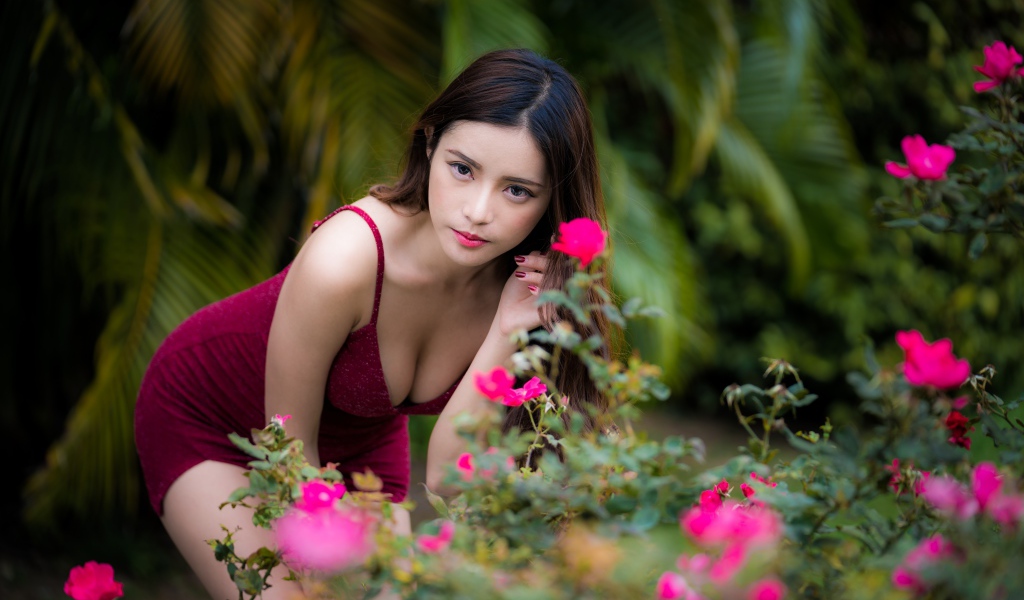 Девушка азиатка в красивом красном платье у куста роз