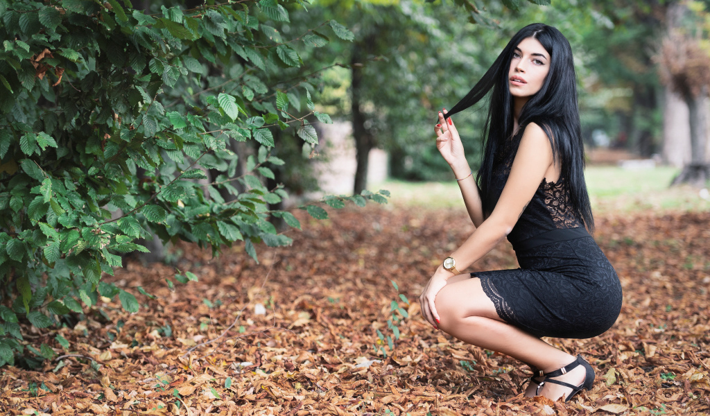 Красивая брюнетка в черном платье в парке осенью 
