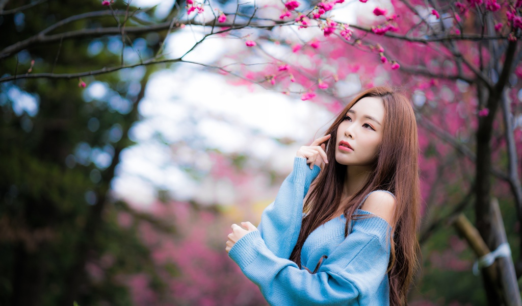 Красивая длинноволосая азиатка у дерева сакуры