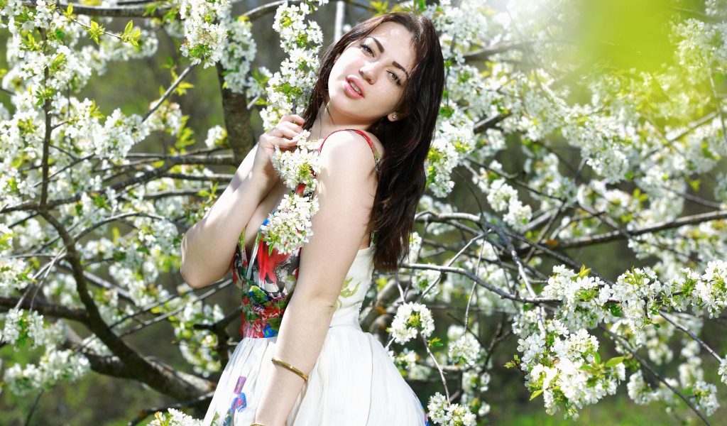 Длинноволосая девушка стоит у цветущей вишни 