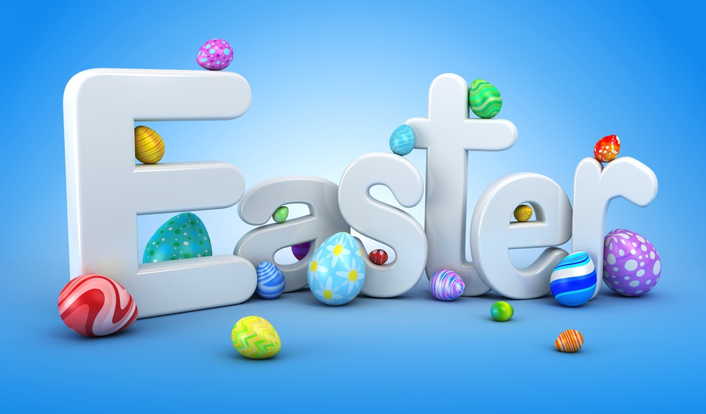 Надпись на английском Easter с крашеными яйцами на голубом фоне
