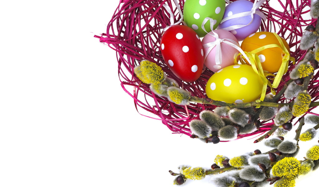Крашеные пасхальные яйца в гнезде на белом фоне с веткой вербы