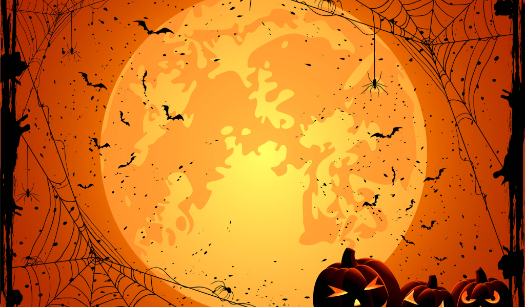 Большая желтая луна с паутиной и тыквами фон на Хэллоуин 