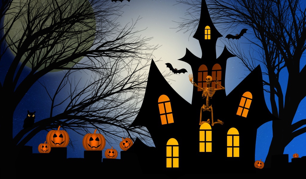 Зловещий замок со скелетом, тыквами и летучими мышами на фоне большой луны 