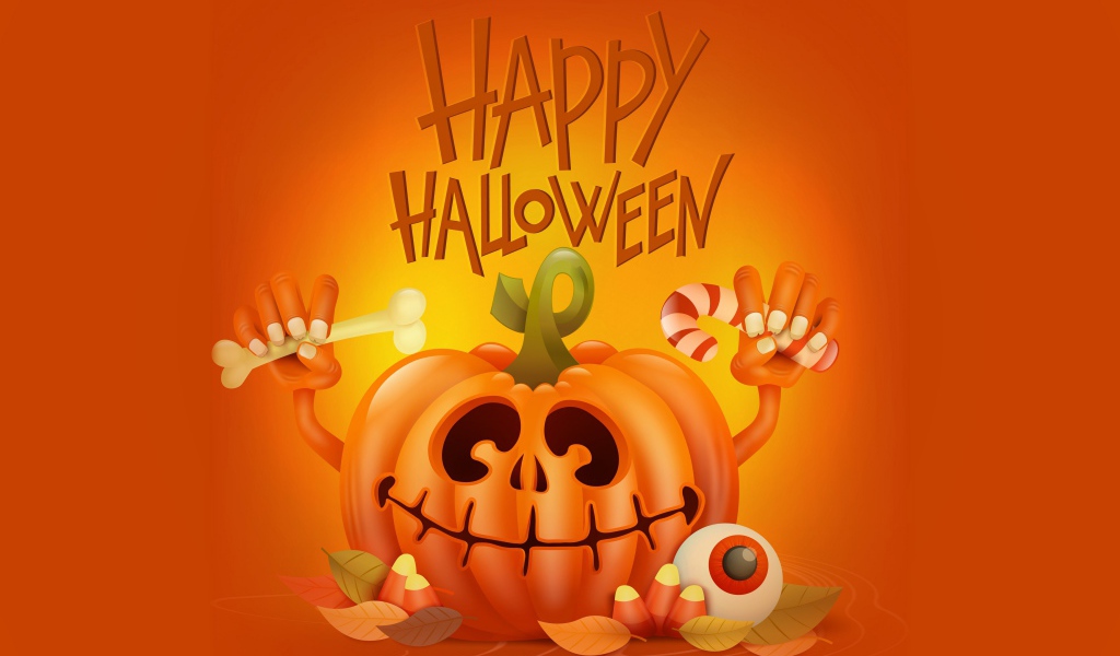 Тыква на оранжевом фоне с надписью Счастливого Хэллоуина