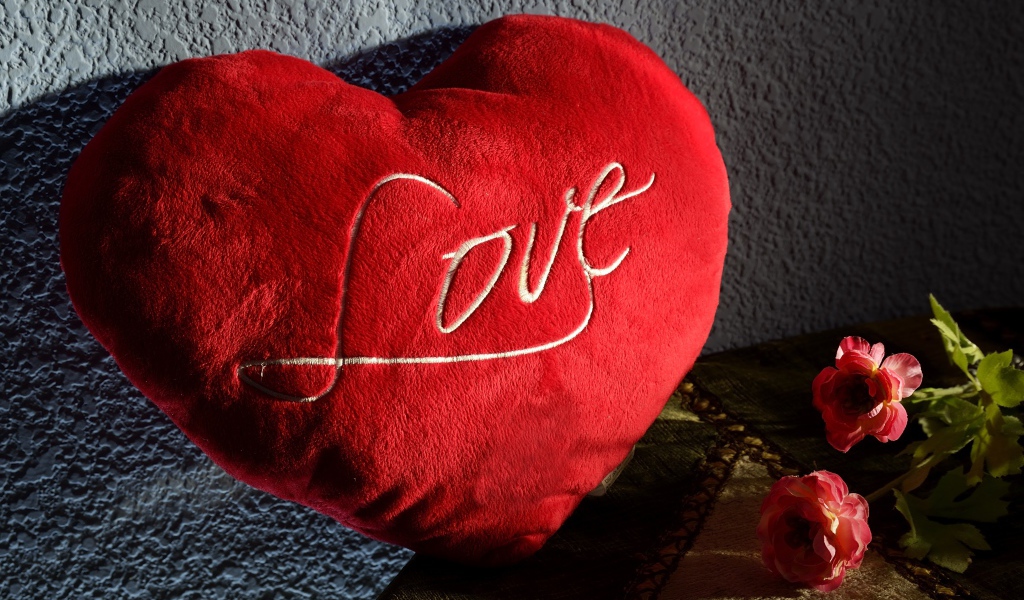 Большое плюшевое красное сердце у стены 