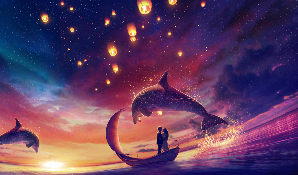 Влюбленная пара на лодке в воде с дельфинами