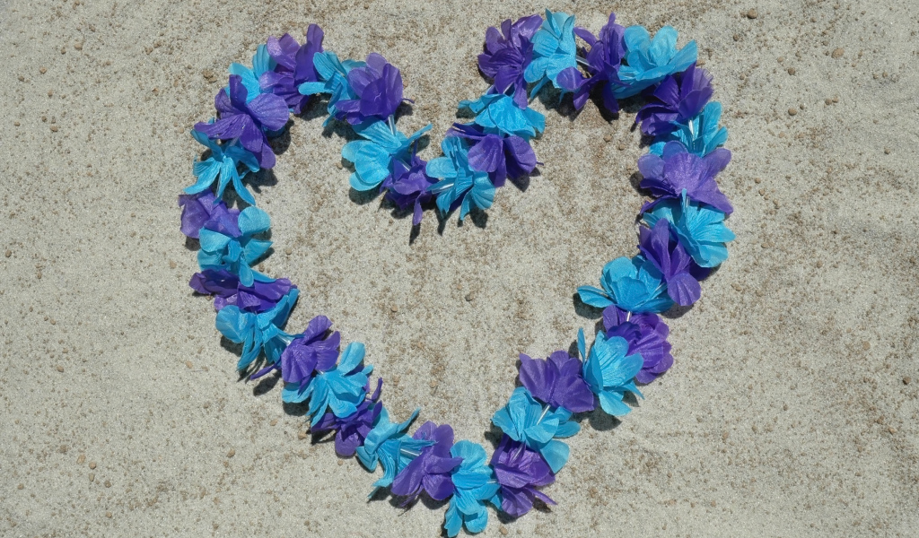 Сердце из цветов на песке на пляже
