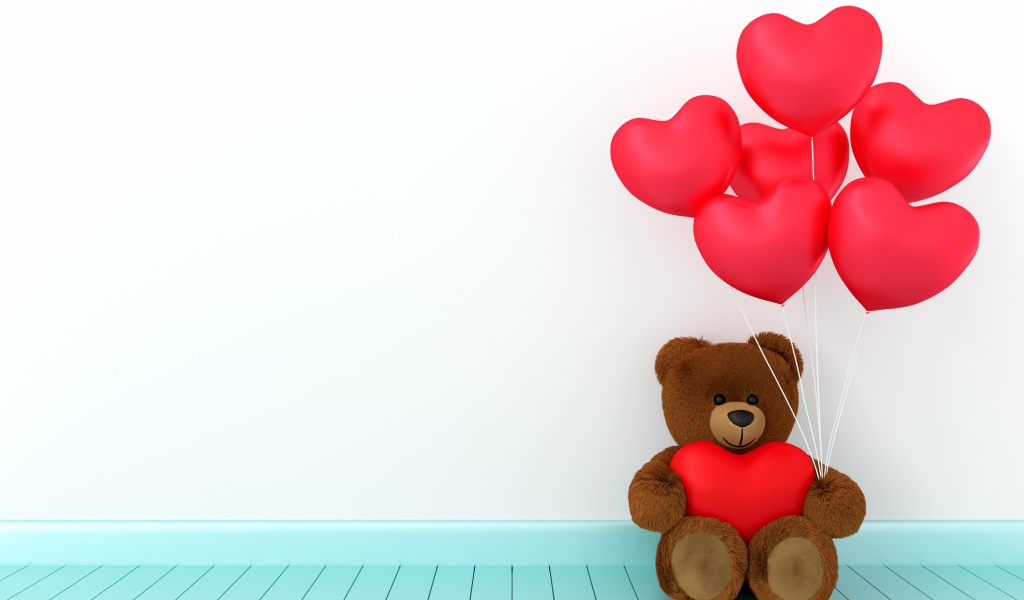 Плюшевый медведь с воздушными шарами в форме сердца