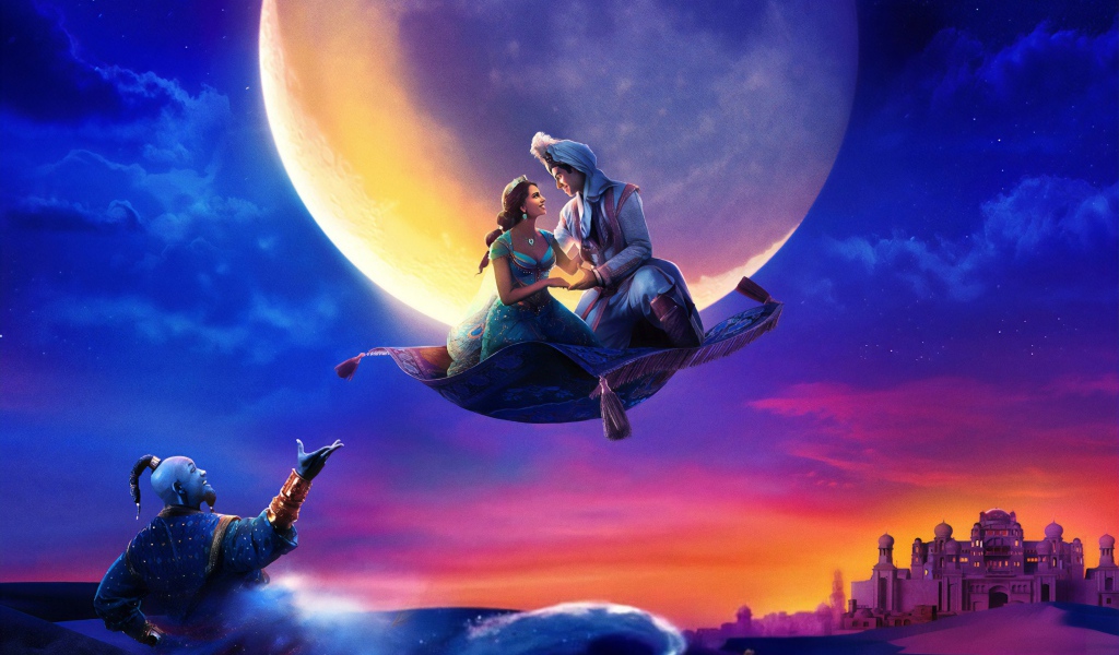 Алладин и Жасмин на ковре самолете на фоне луны 