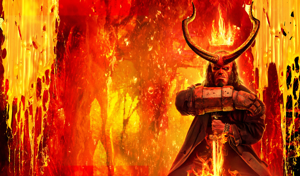 Главный герой фильма Хеллбой 2 на фоне раскаленной лавы