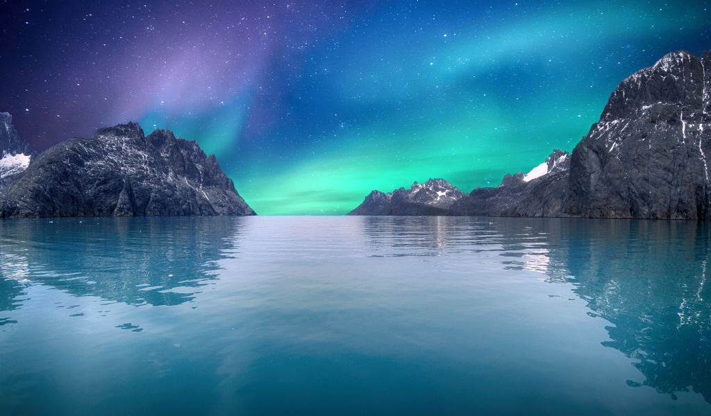 Beautiful aurora borealis over rocks in the bay