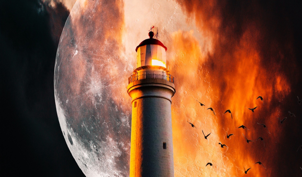 Маяк на фоне огромной луны