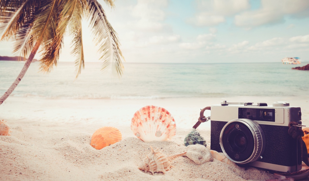 Фотоаппарат на пляже с ракушками у моря