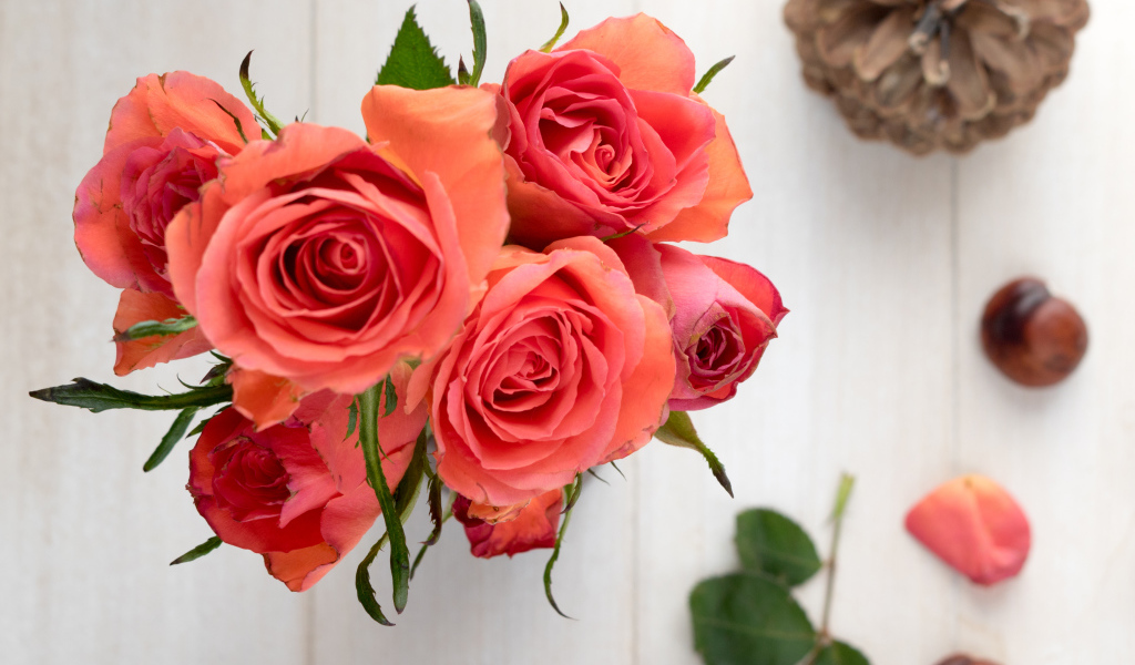 Букет розовых роз на столе с каштанами и шишкой