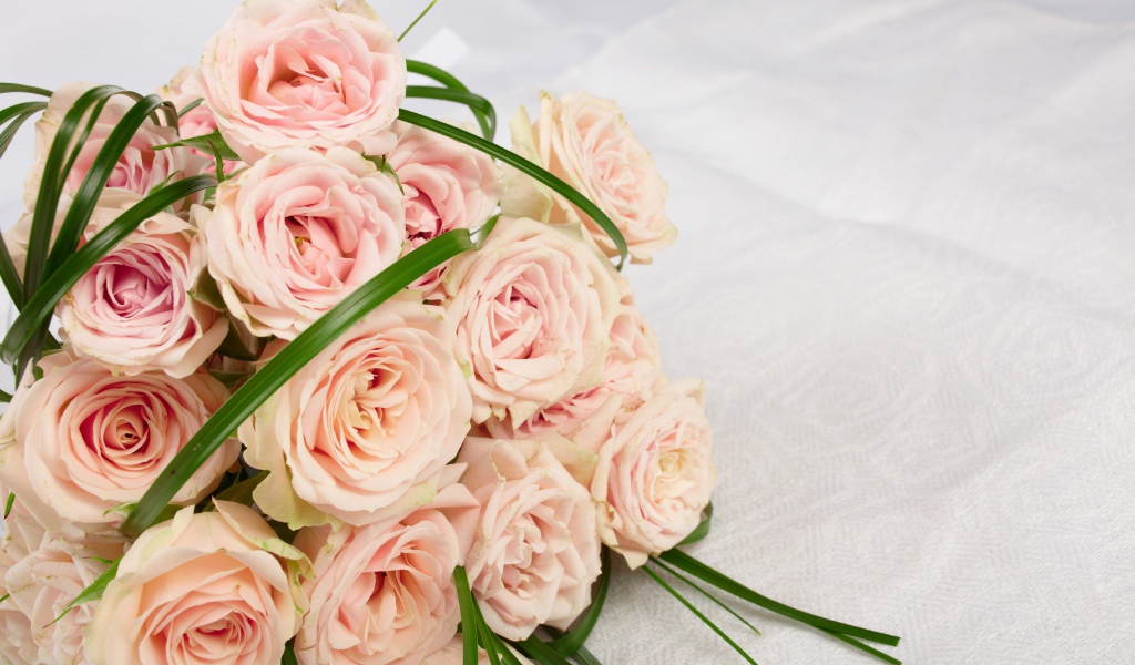 Букет розовых роз на белом покрывале 