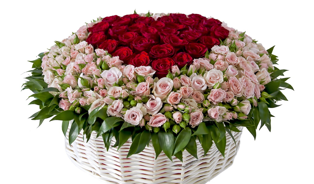 Огромный букет с розовыми и красными розами в корзине на белом фоне