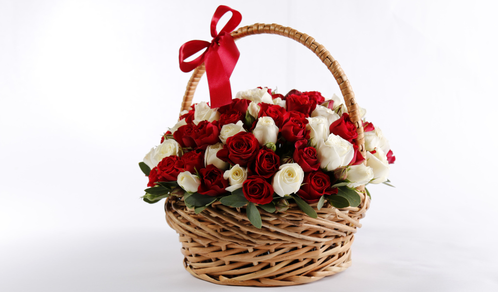 Большой букет роз в корзине в красным бантом на белом фоне