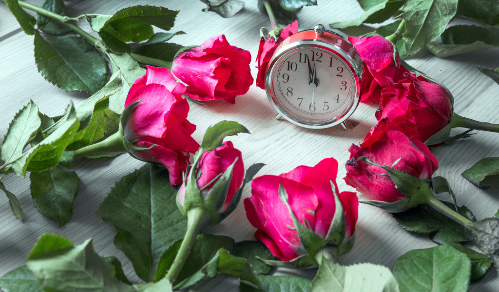 Будильник и красные розы на столе 