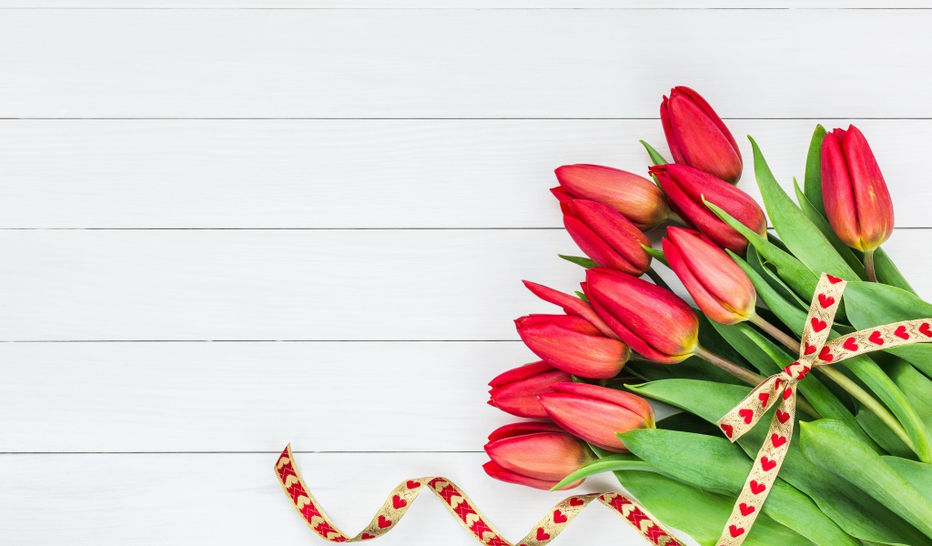 Букет красных тюльпанов с лентой на сером фоне