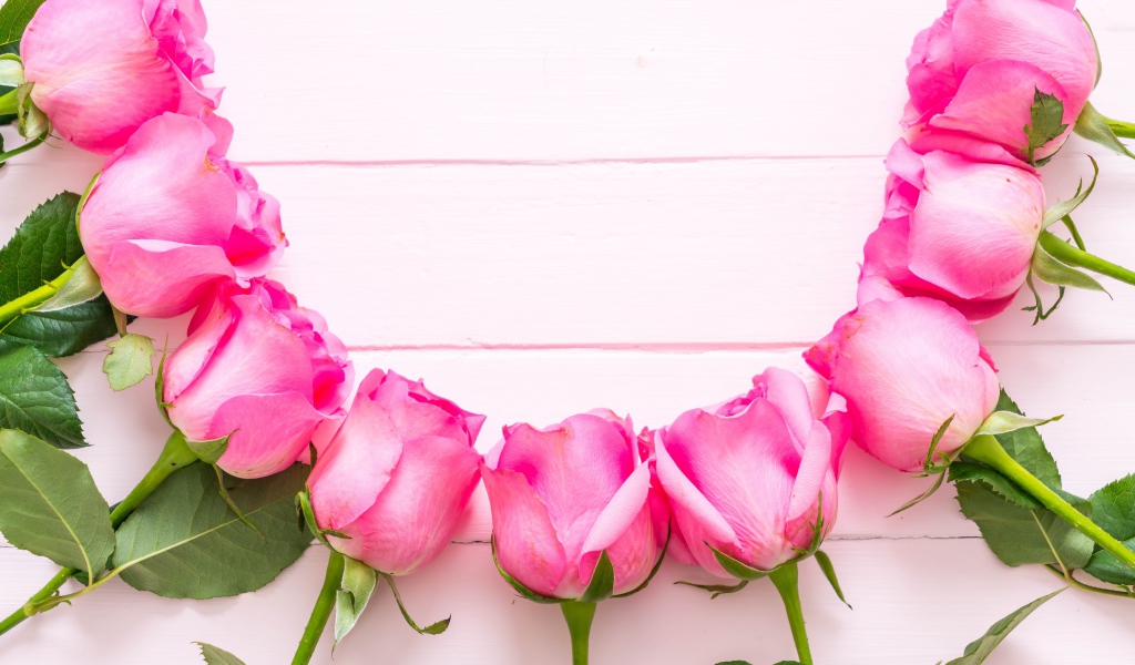 Розовые розы дугой на деревянном фоне