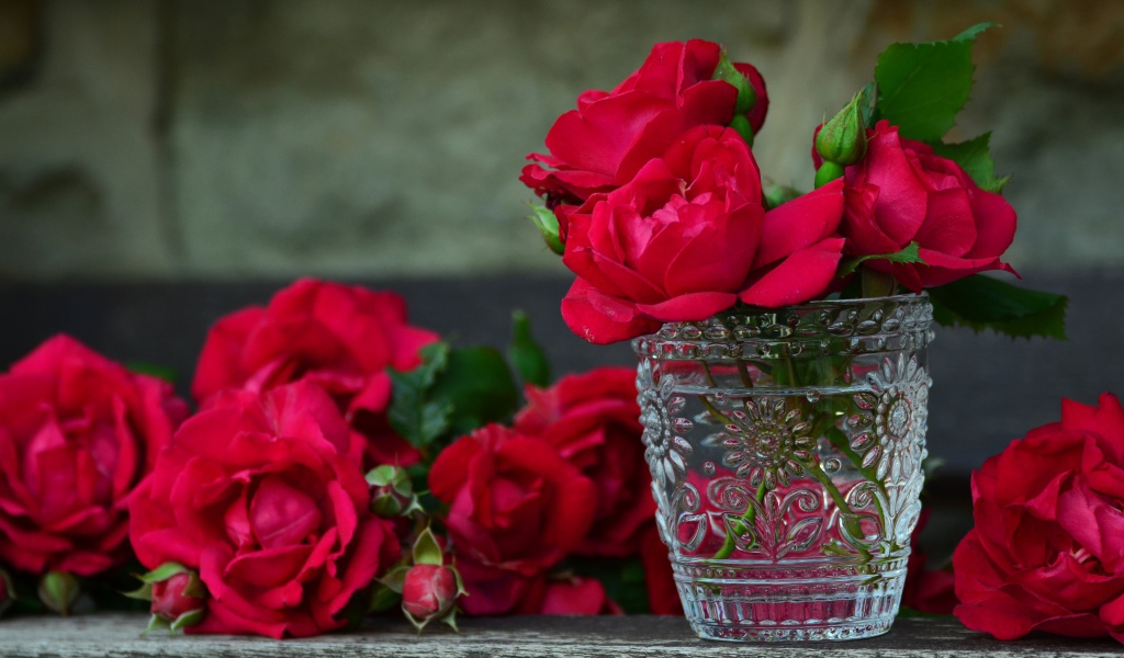 Красные розы в хрустальной рюмке на столе