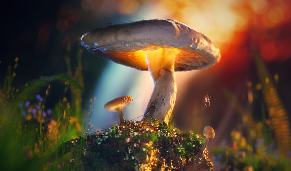 Паук висит на паутине на грибе