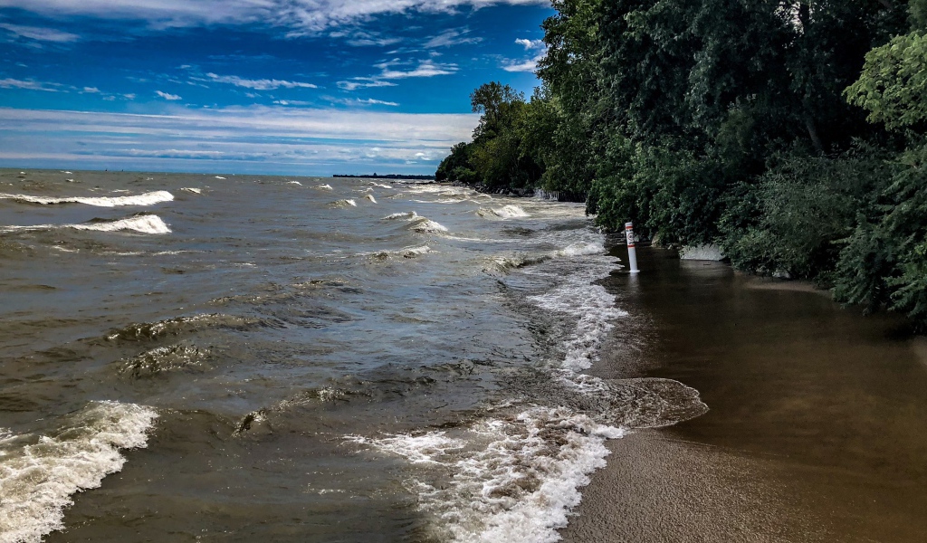 Морские волны омывают берег под голубым небом 
