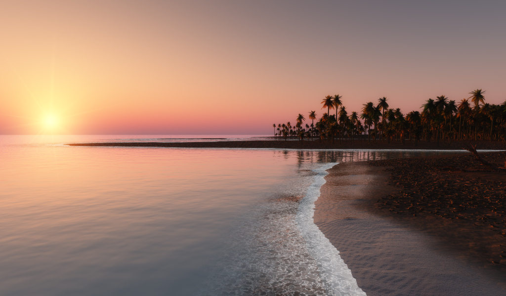 Закат солнца на горизонте у спокойного моря в тропиках 