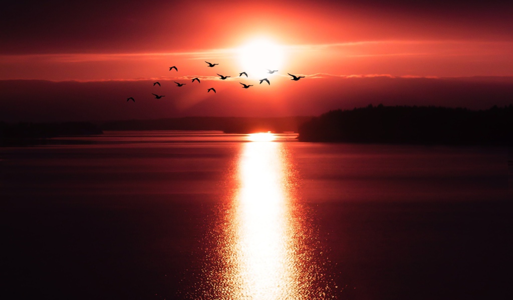 Солнце на закате оставляет дорожку на воде