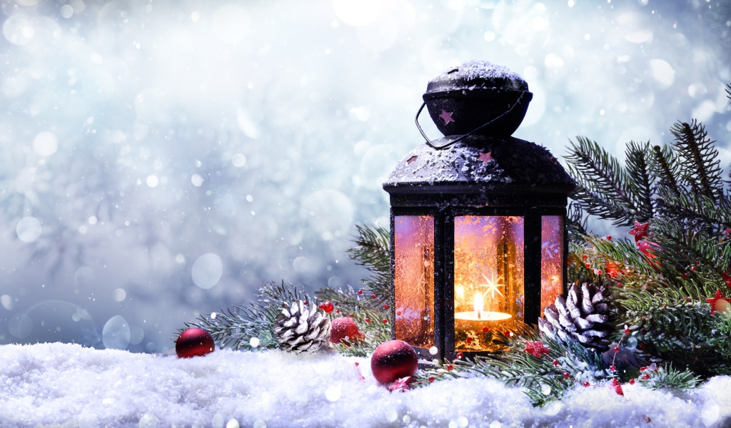 Красивый фонарь со свечой и елочной веткой, шаблон 