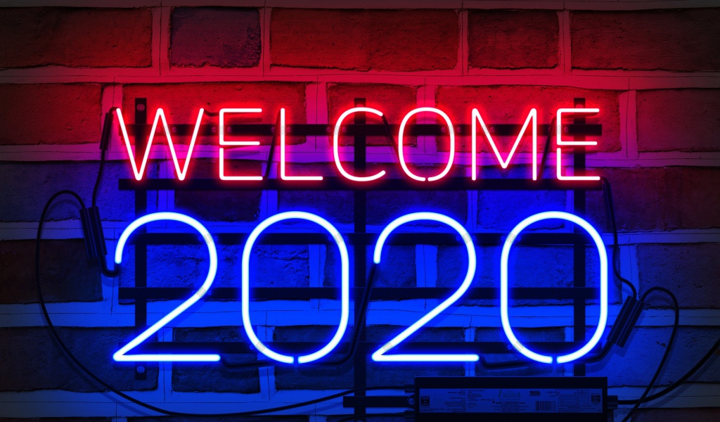 Неоновая надпись Welcome 2020 на стене