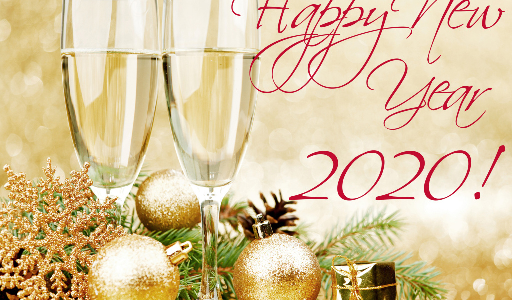 Два бокала шампанского и елочные шары, открытка на новый год 2020 