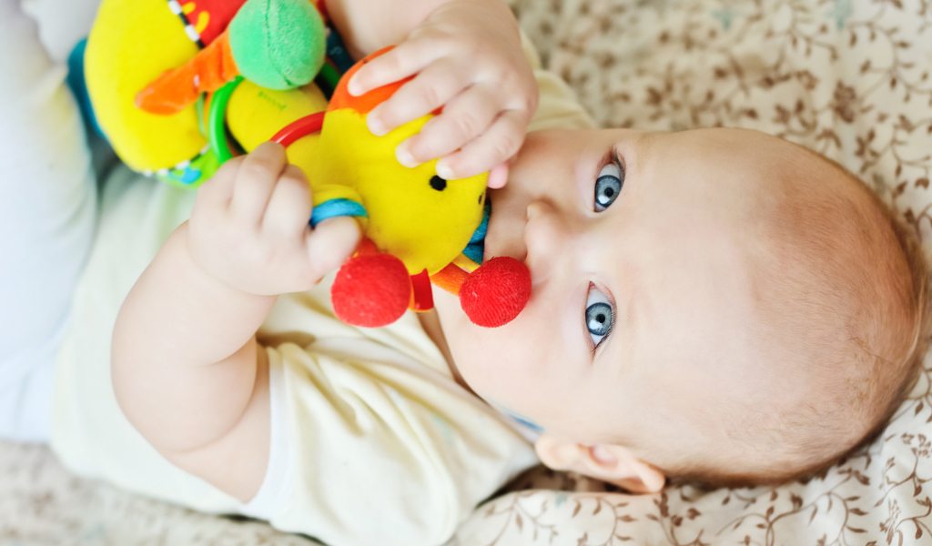 Маленький голубоглазый ребенок грызет игрушку