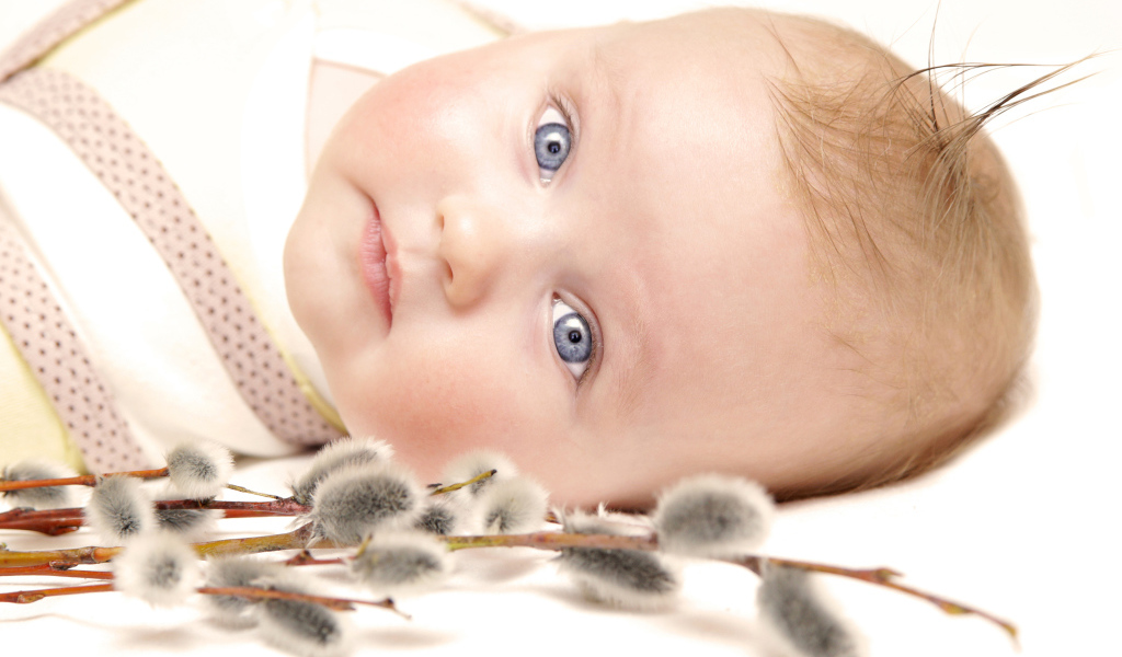 Маленький голубоглазый ребенок с веткой вербы