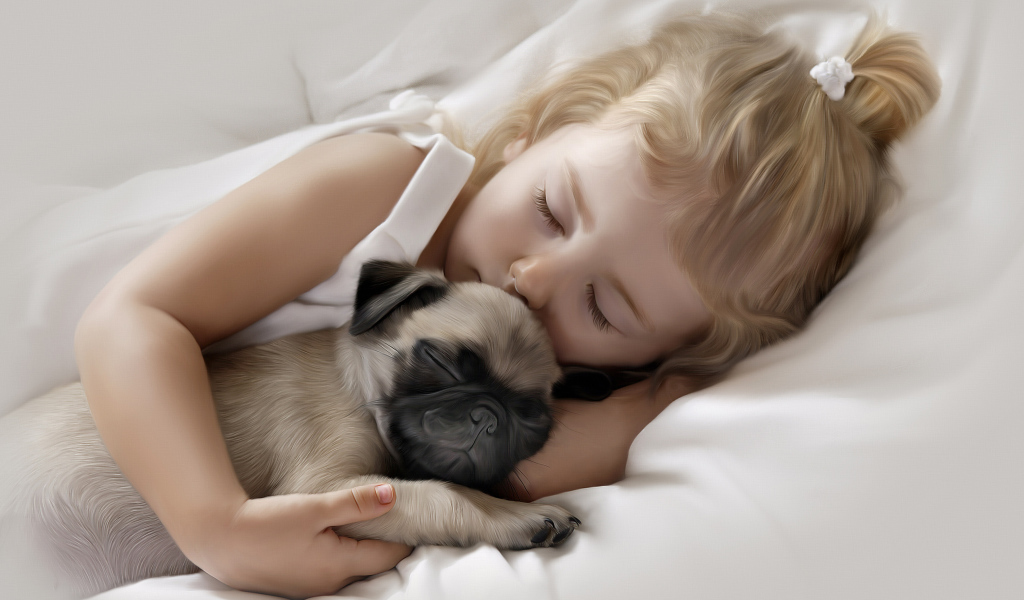 Маленькая милая девочка спит со щенком мопса