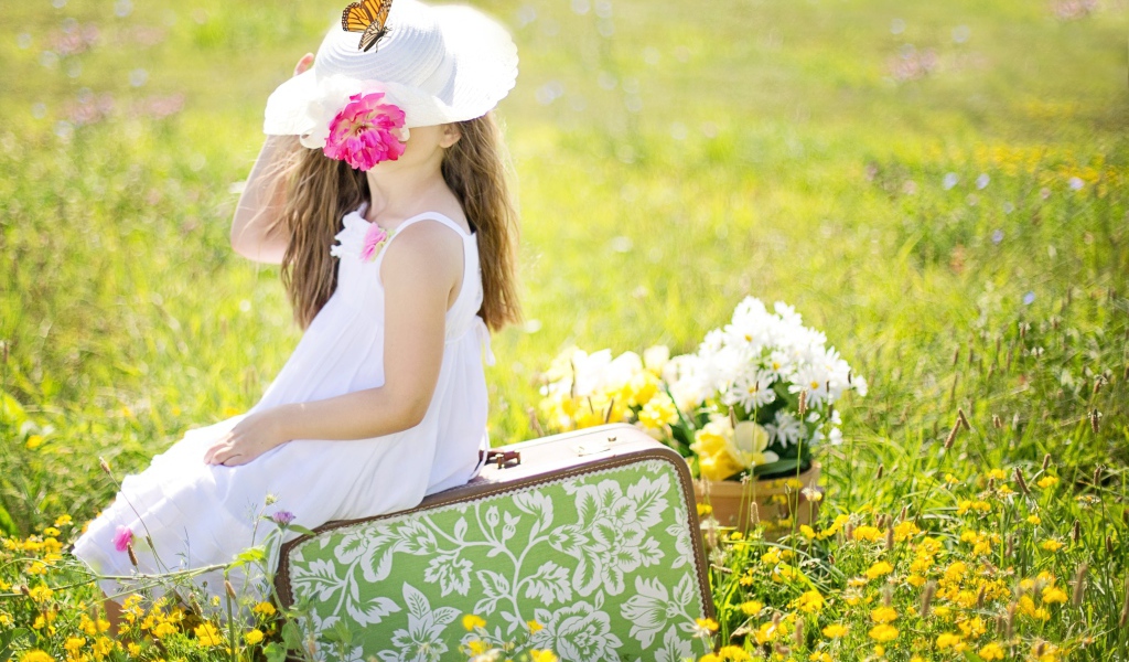 Маленькая девочка сидит на чемодане на поле с цветами