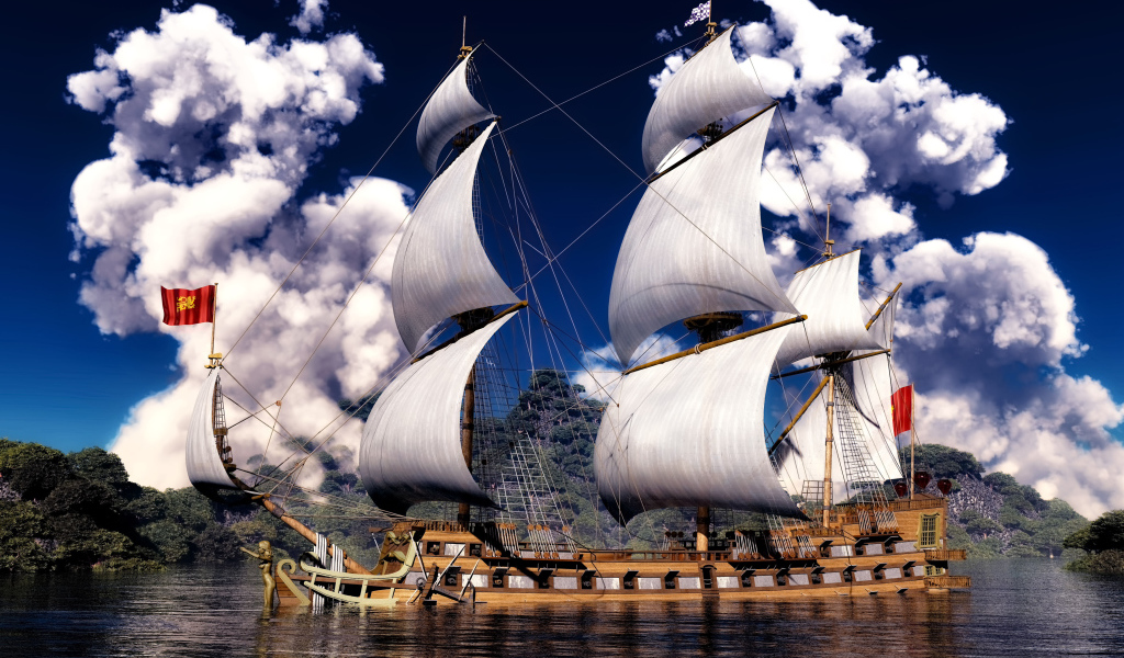 Beautiful sailing ship on the background of white clouds
