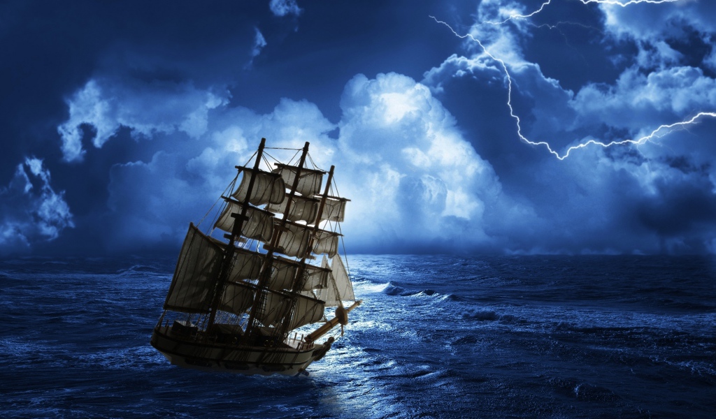 Парусное судно на море в шторм 